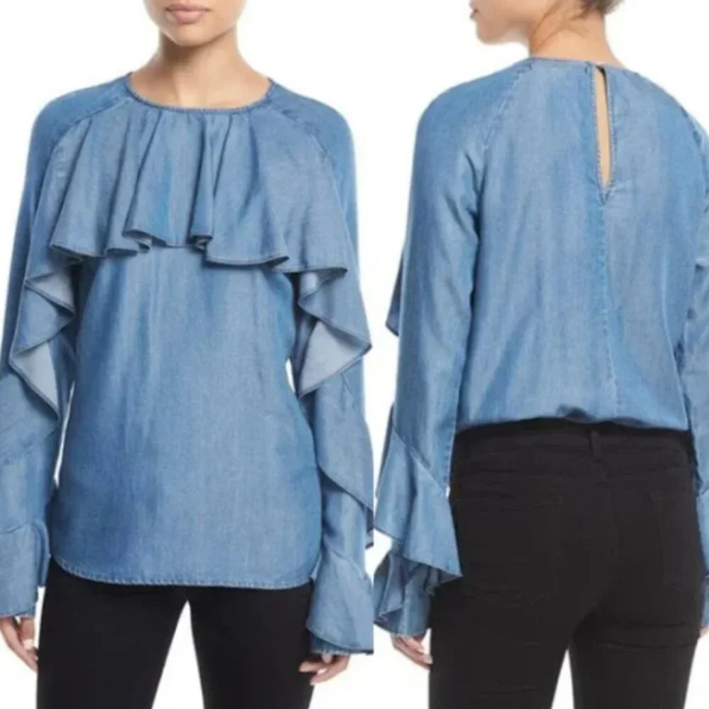 Veronica Beard Mia Ruffle Chambray Top - Picture 2 of 8